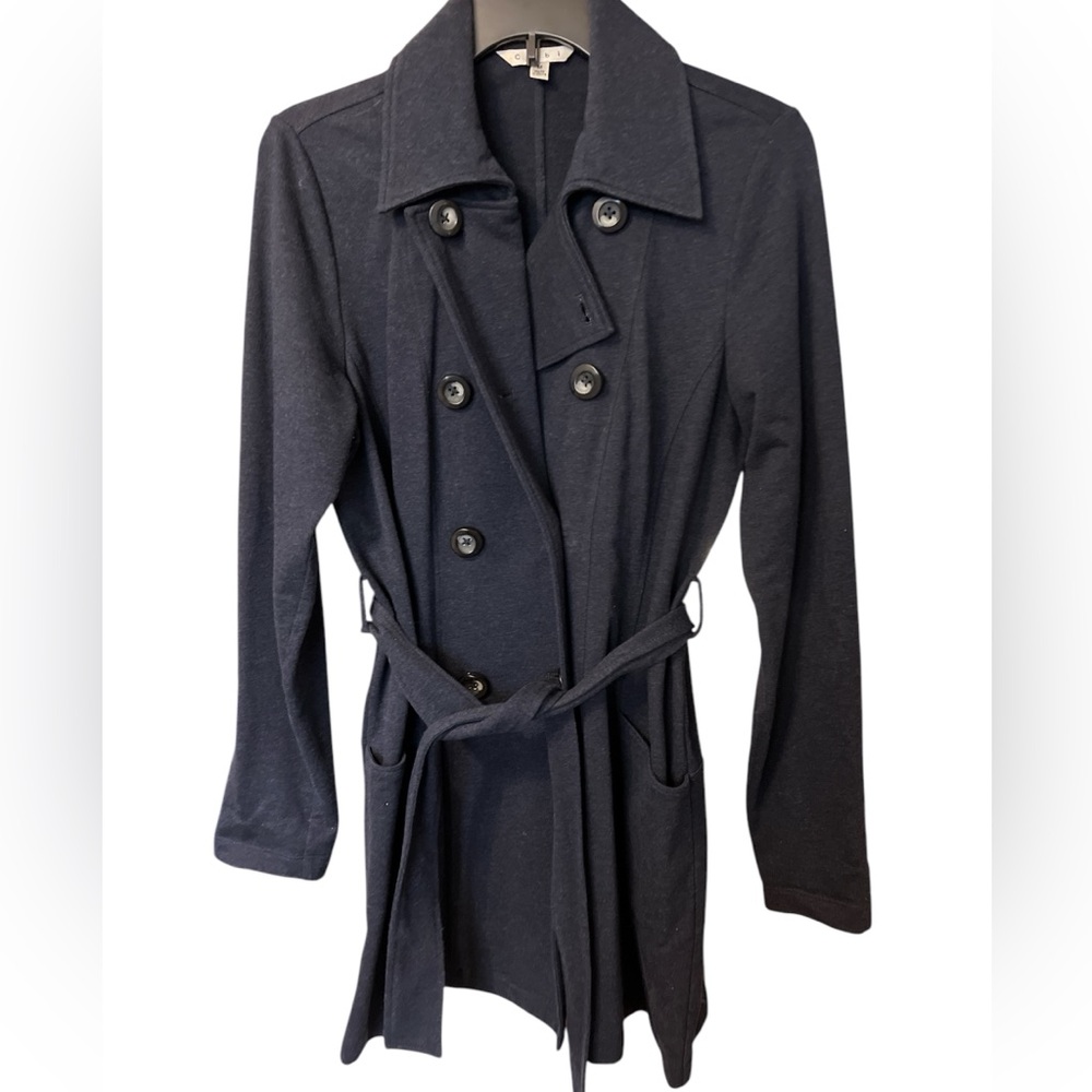 Cabi navy jacket, size Medium. Double breasted style with tie. Super soft!